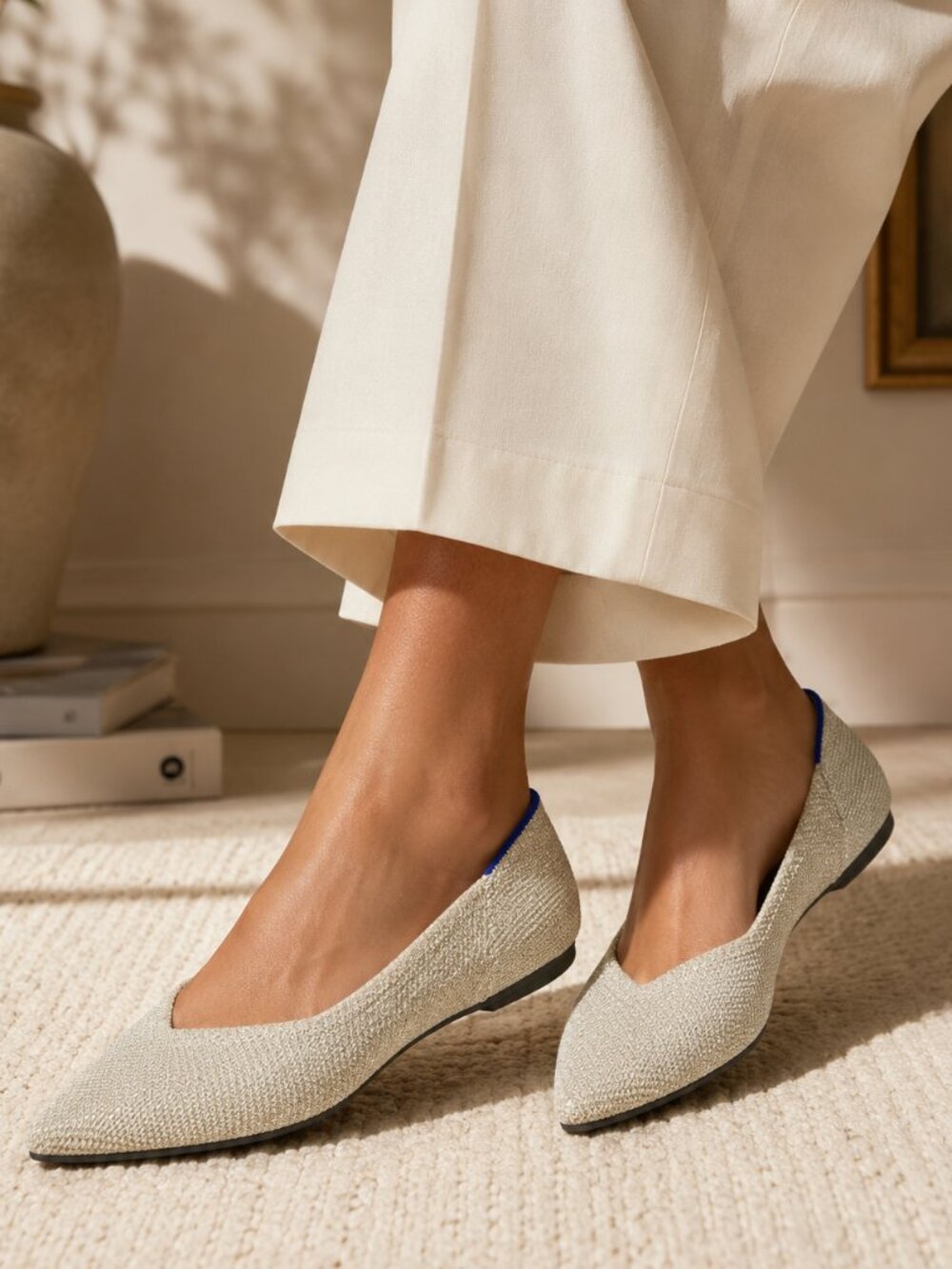 Rothy's Cream Pointed-Toe Flats with Blue Trim